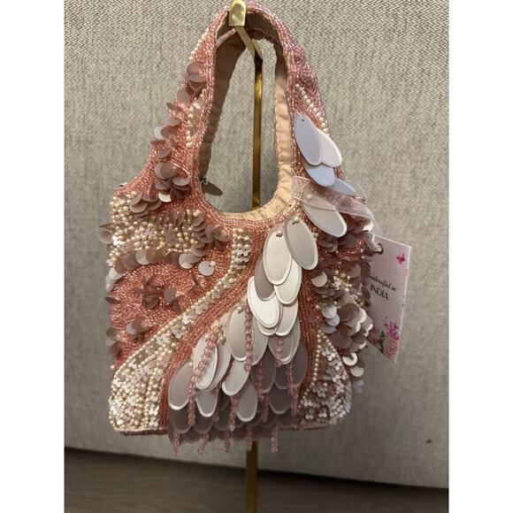 Handcrafted in India Viral Beaded, Sequin, and Pearl Embellished Pink Mini Bag - Picture 3 of 6
